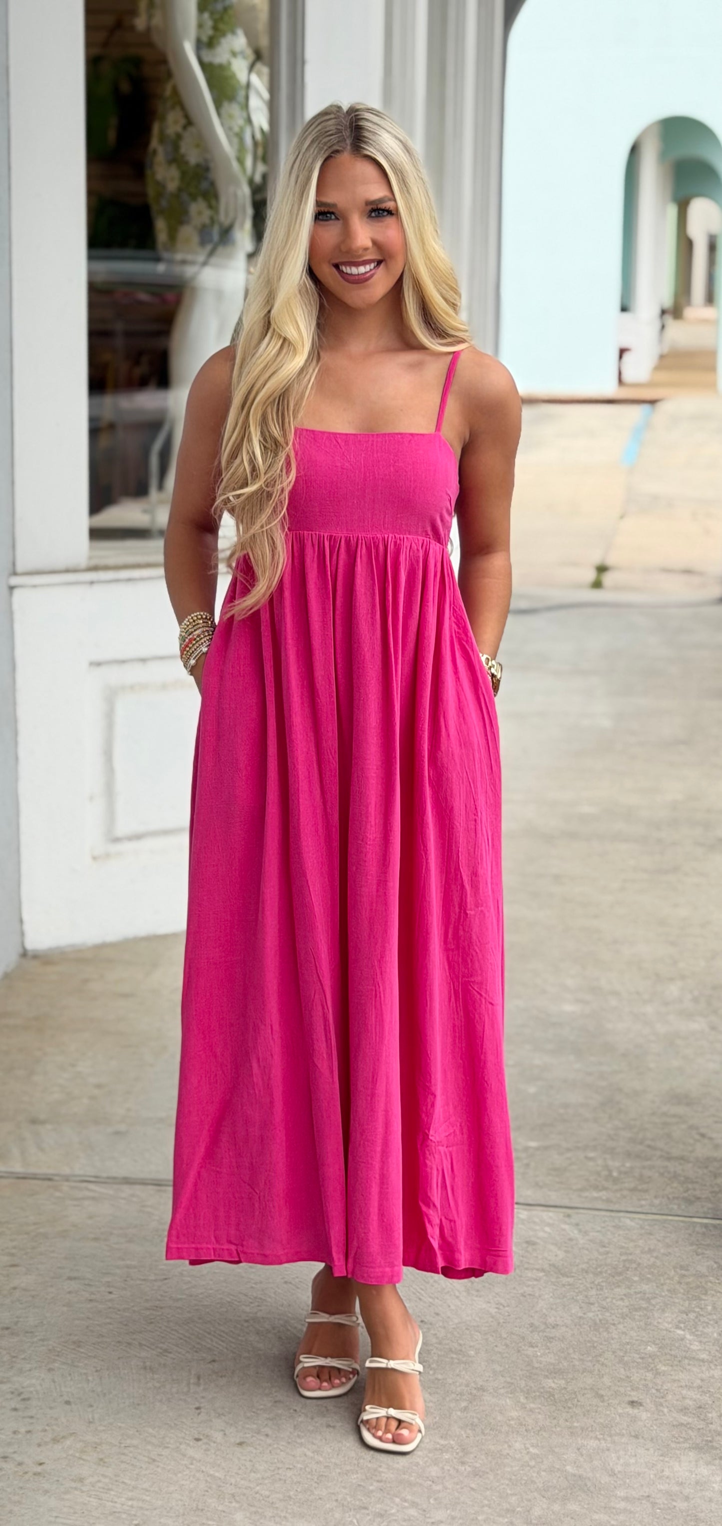 Open Back Tie Strap Detail Maxi Dress, Fuschia