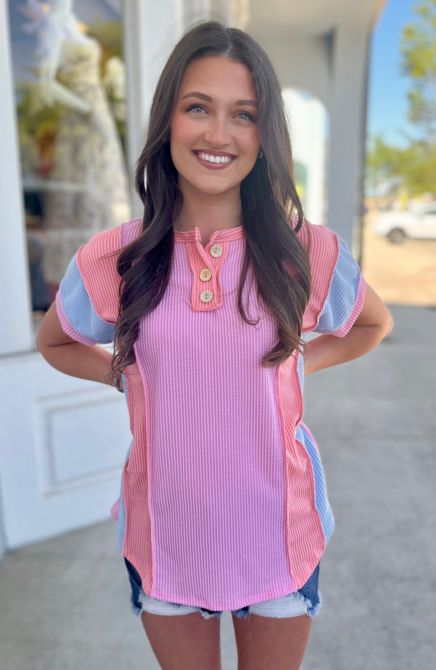 Ribbed Color Block Top, Pink