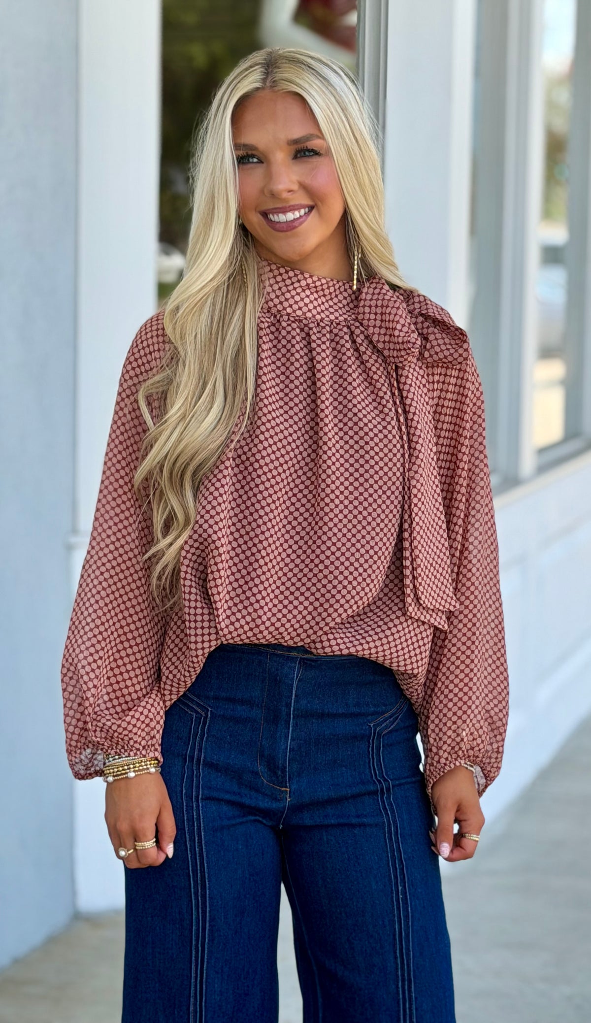 Polka Dot Balloon Sleeve Ribbon Tie Neck Blouse