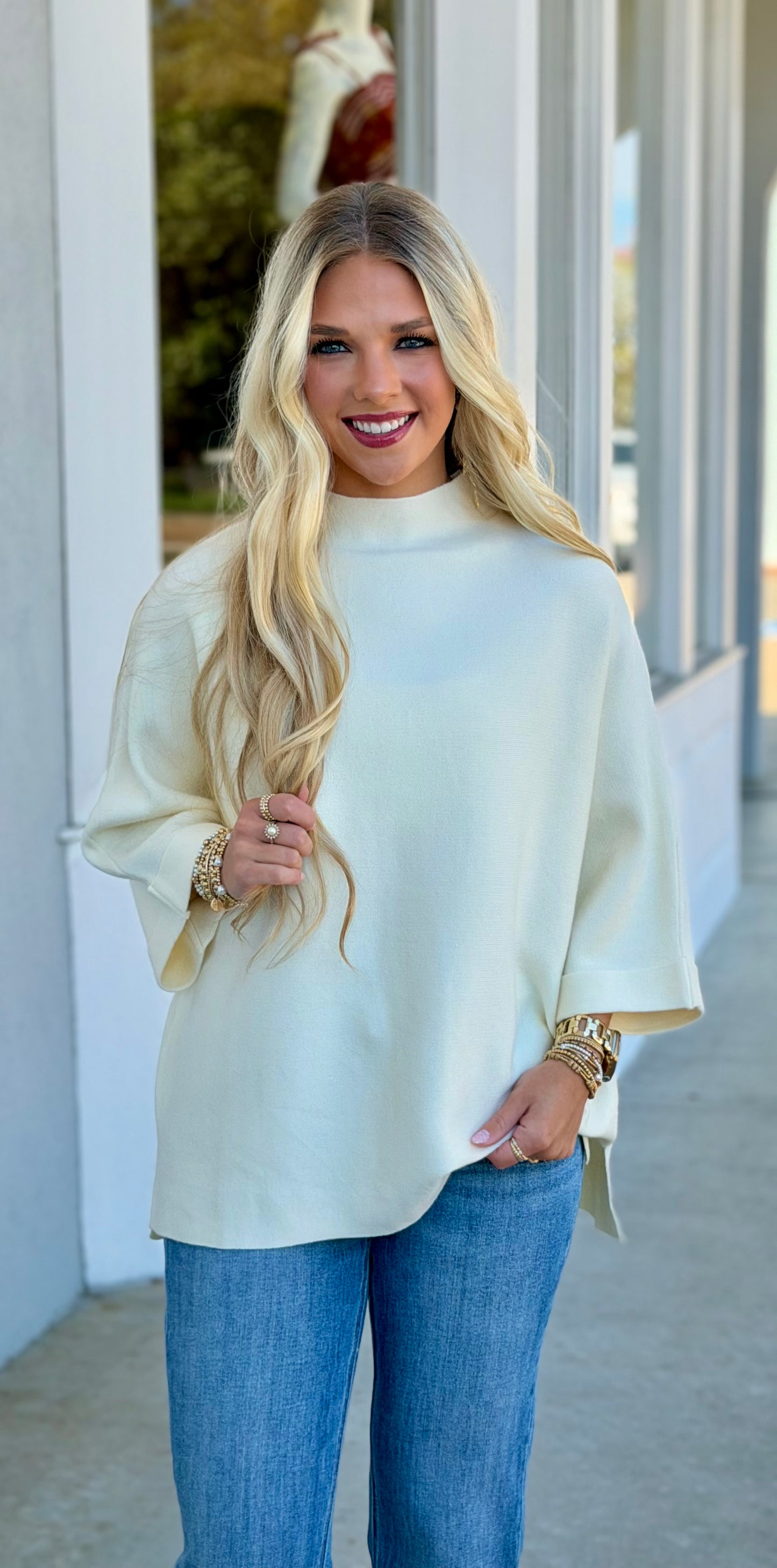 Mock Neck Oversized Sweater Top, Cream