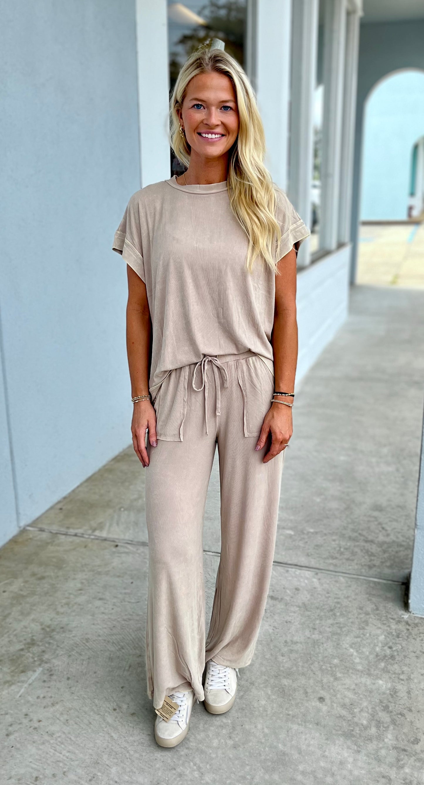 Ribbed Acid Wash Top & Pants SET, Ash Mocha