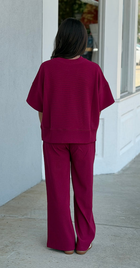 Ribbed Round Neck Tee and Pant SET, Cabernet