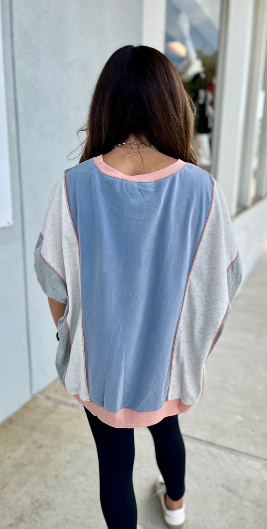 Short Sleeve Color Block Pullover , Denim Grey
