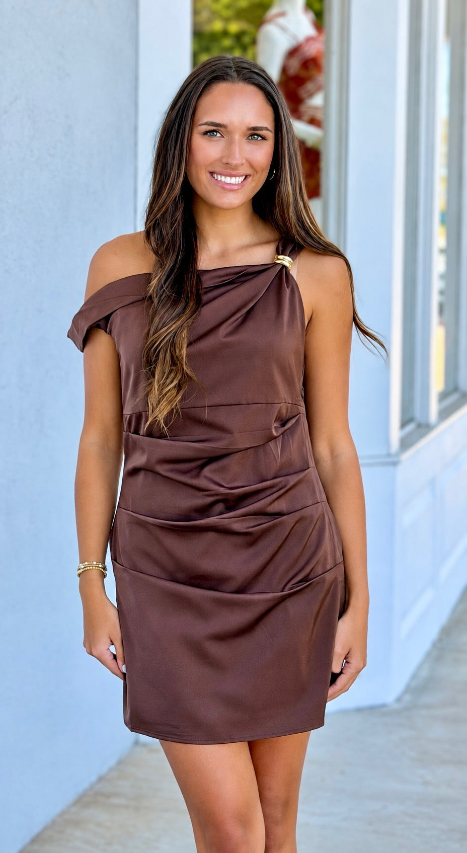 Chocolate Brown Wide Twisted Bead Satin Dress