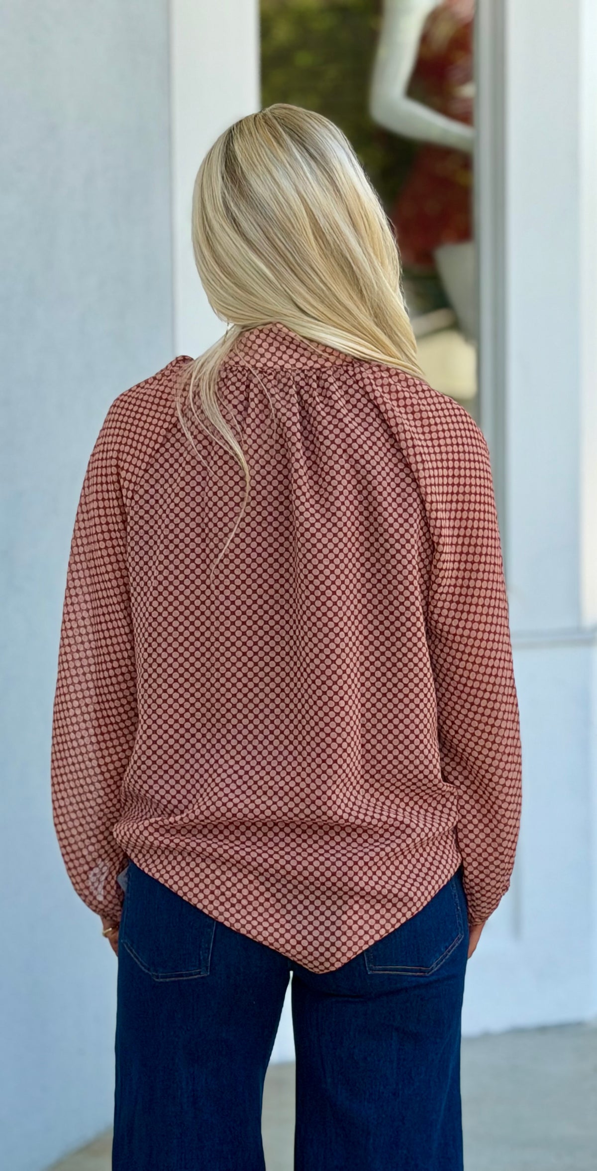Polka Dot Balloon Sleeve Ribbon Tie Neck Blouse