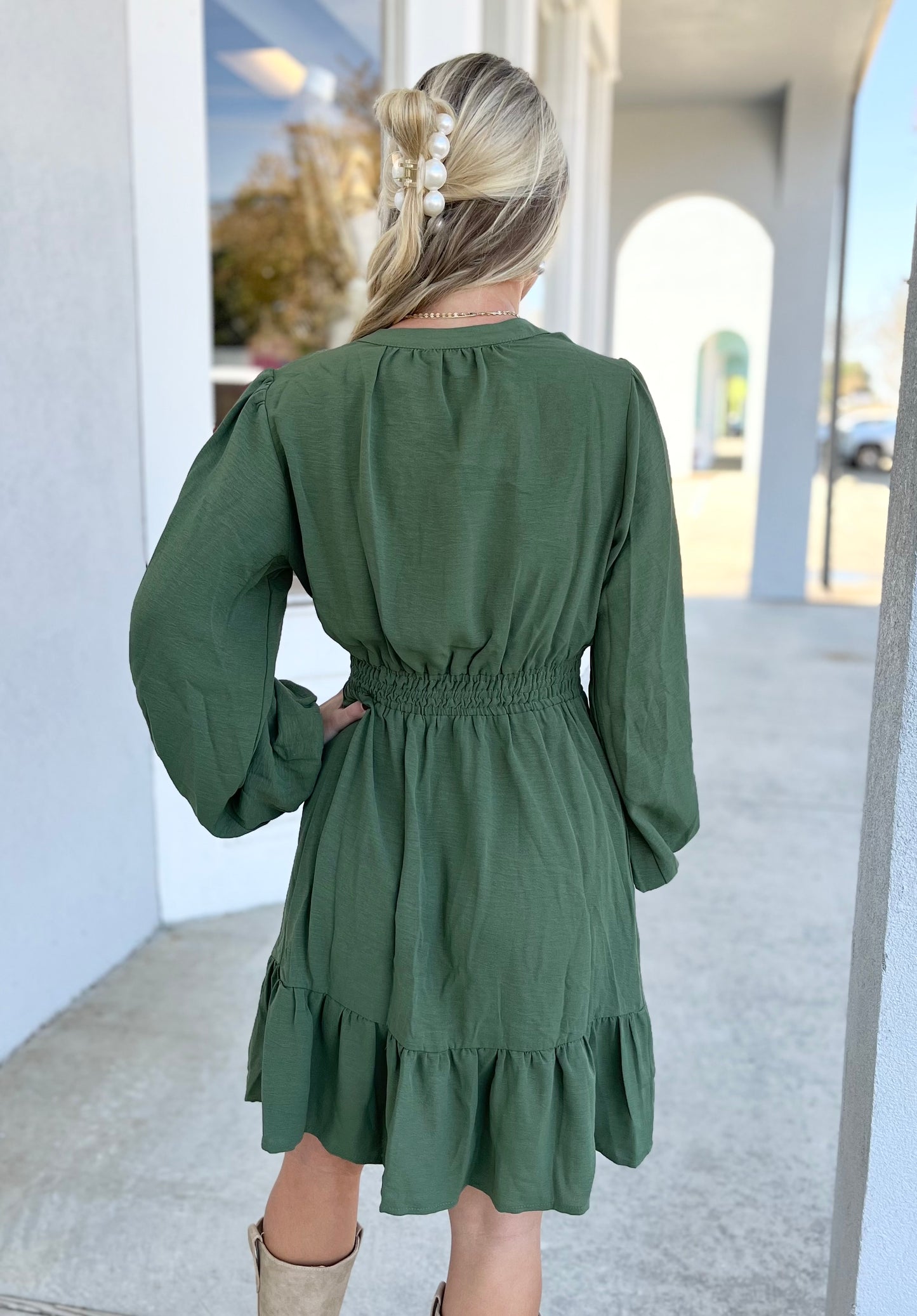 Olive Elastic Waist Woven Dress With Pockets