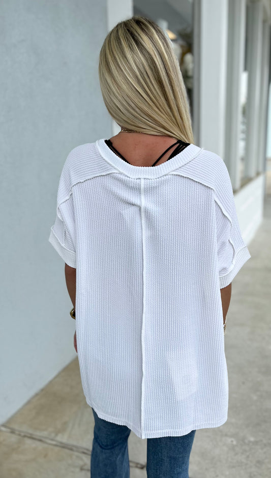 Off White Corded Rib V Neck Tee