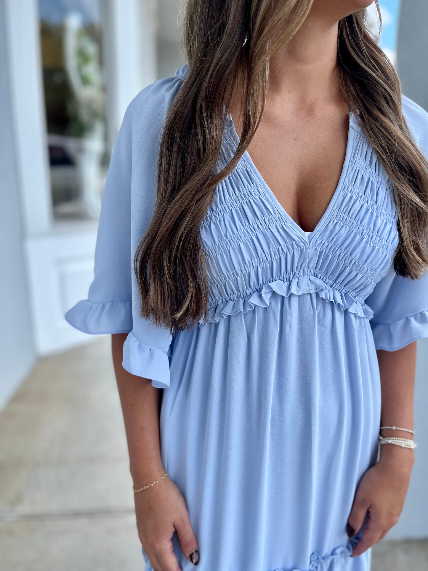 Lt Blue Flutter Sleeve Smocked Tiered Maxi Dress
