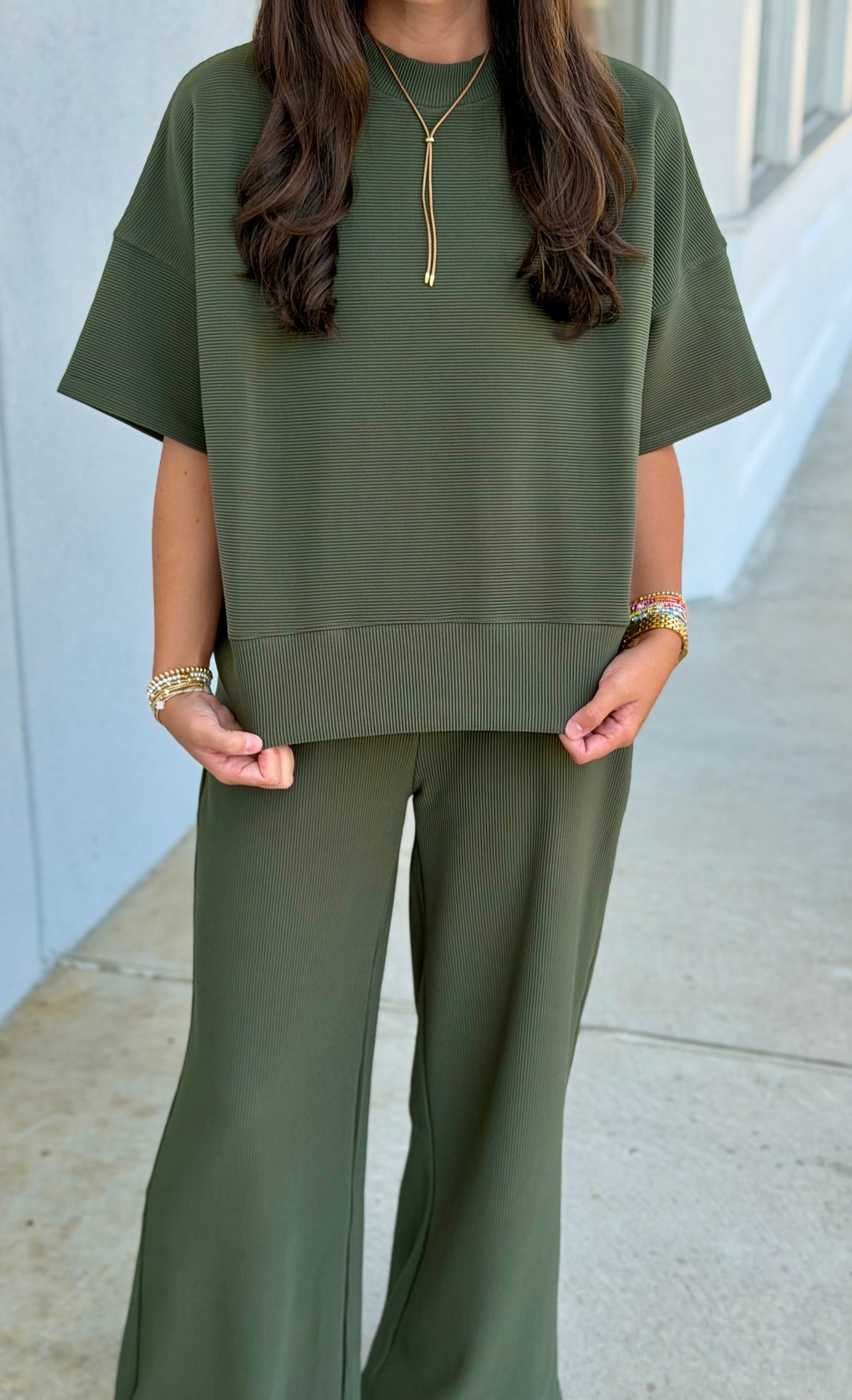 Ribbed Round Neck Tee and Pant SET, Dk Olive