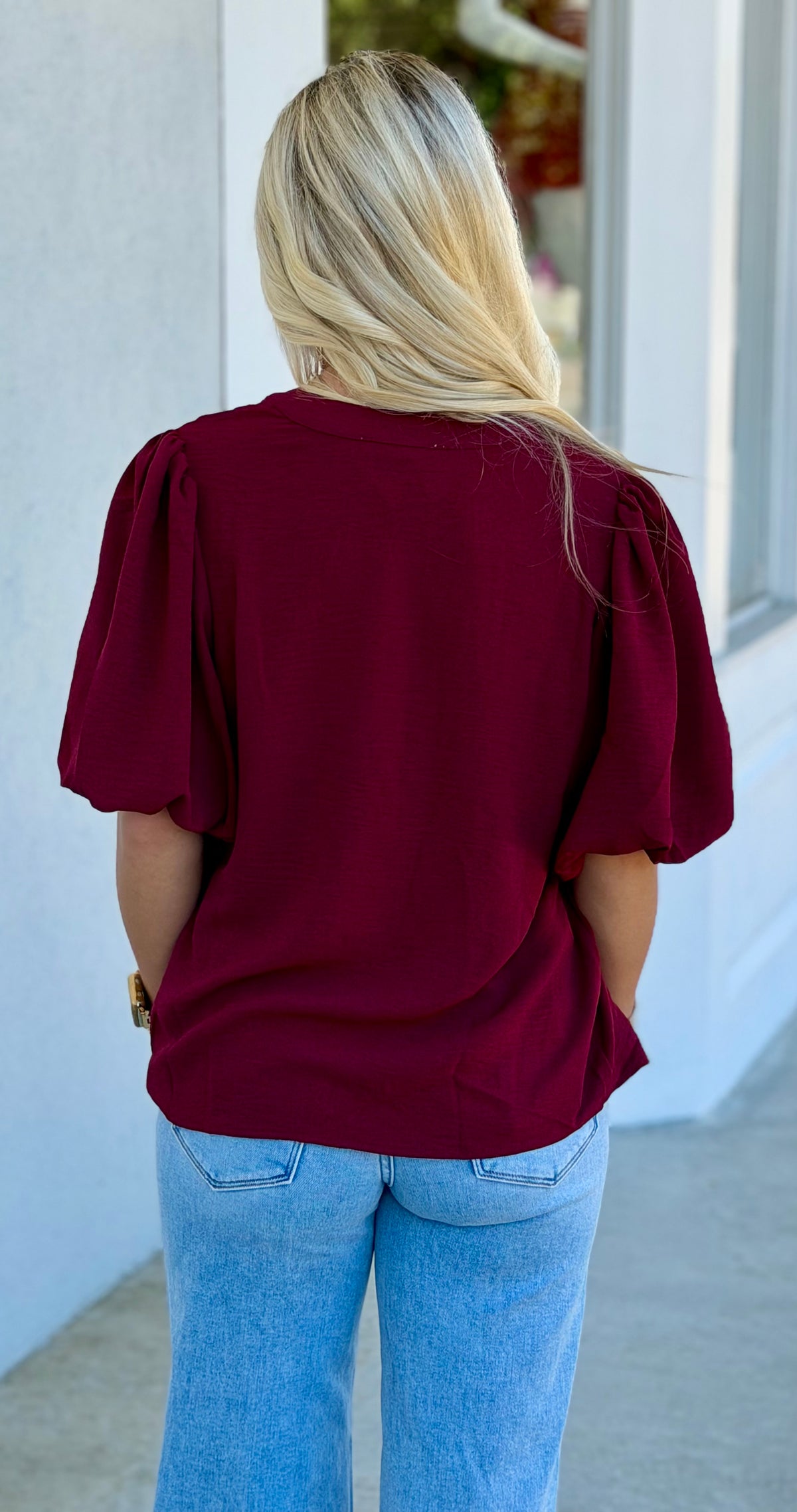 Puff Sleeve Pintuck Detail w/ Neck Tie Top, Wine