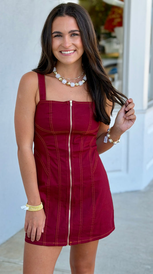 Maroon Stretch Cotton Twill Zip Front Mini Dress
