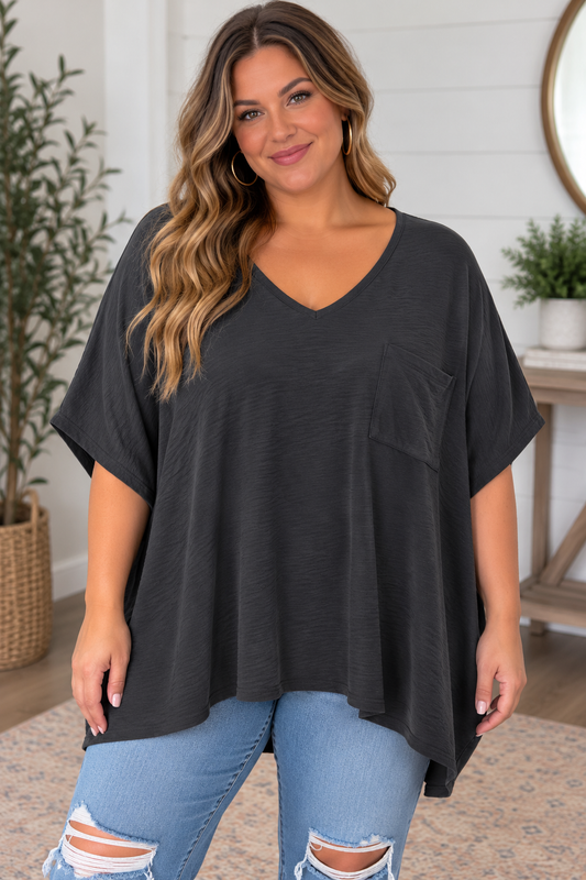 Plus Woven Airflow V Neck Top, Black