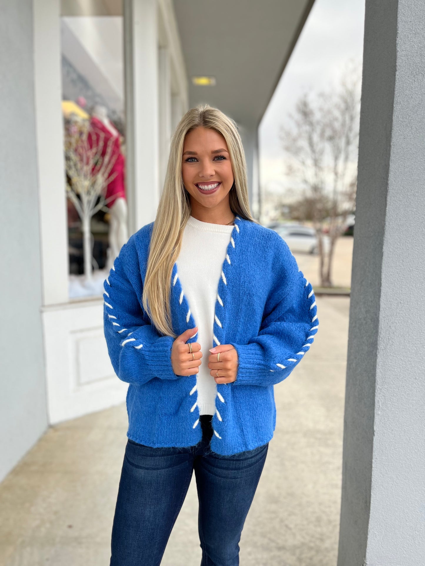 Blue/White Stitch Detail Sweater Cardigan