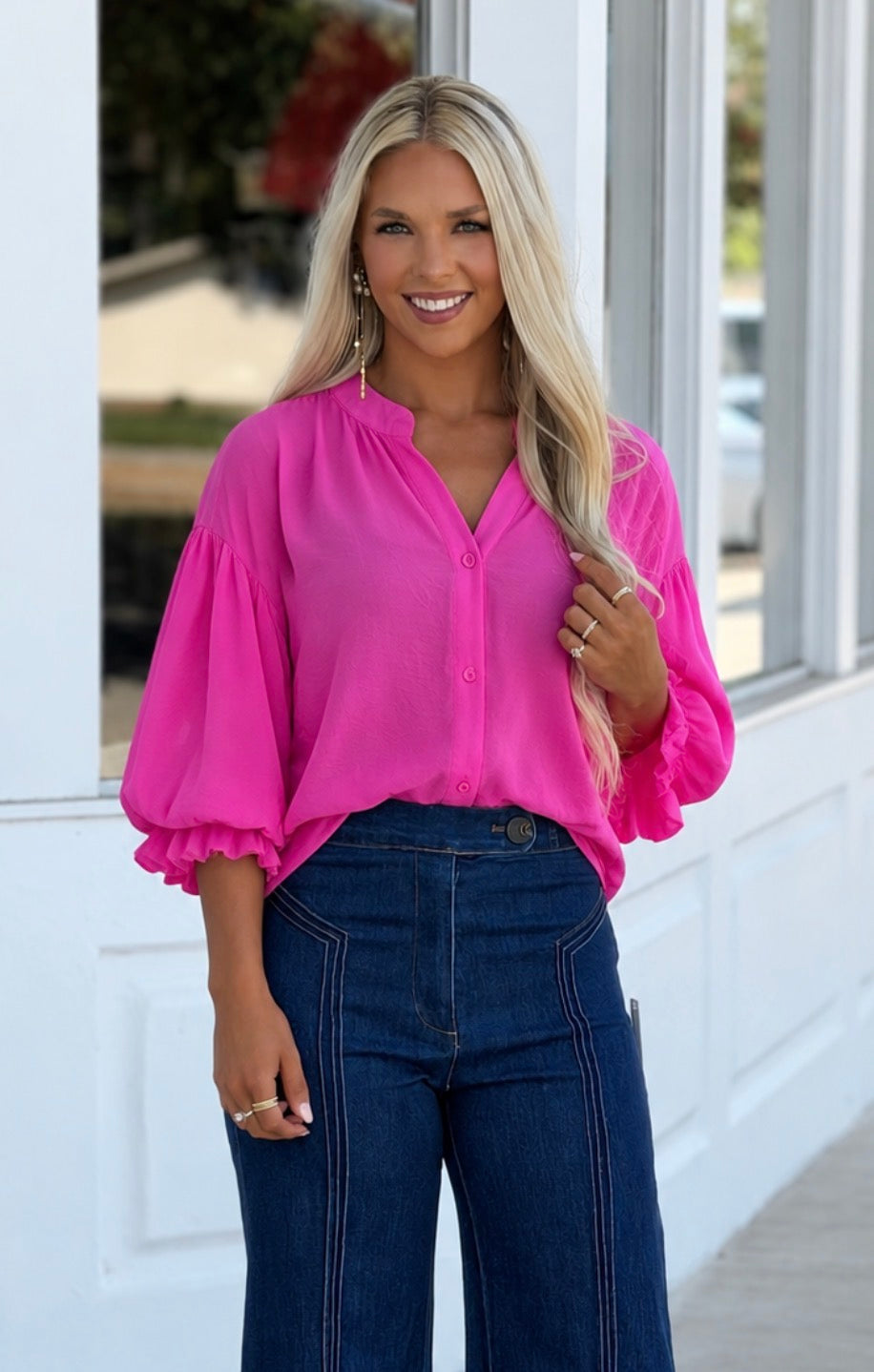 Puff Sleeve Button Down Shirt, Fuchsia