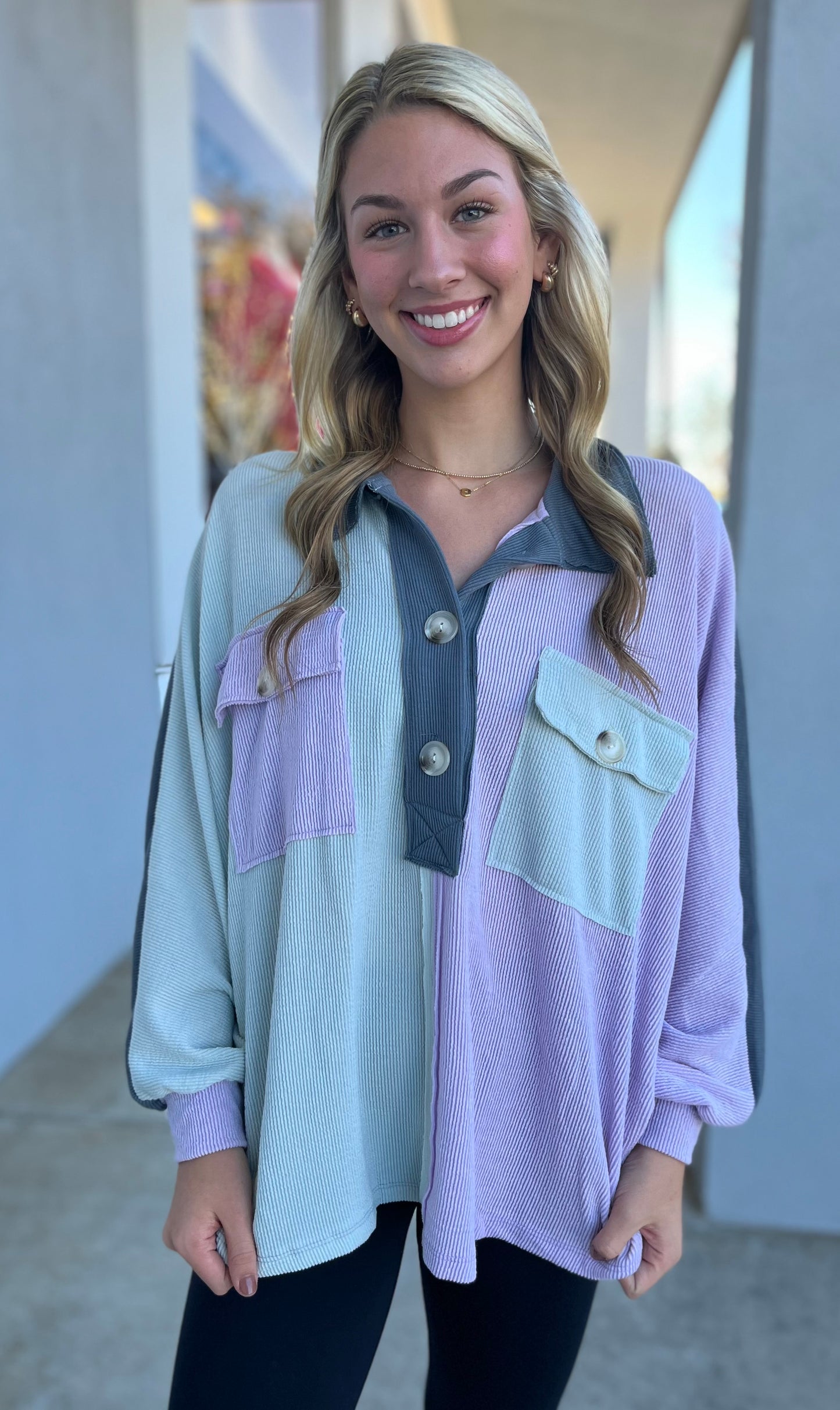 Sage/Lavender Colorblock Ribbed Button Top