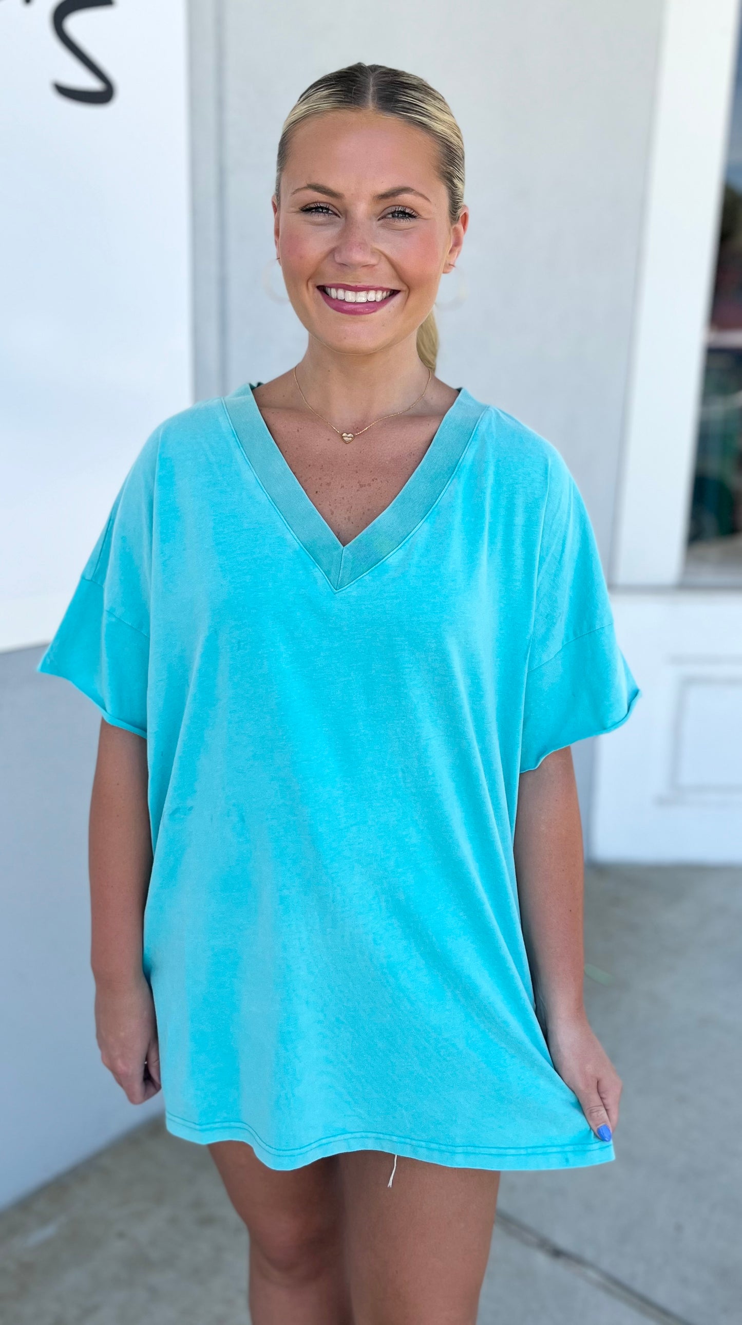 V Neck Oversized Top, Aqua
