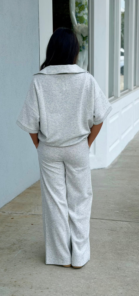 Scuba Collared Short Sleeve Top & Pants SET, H Grey