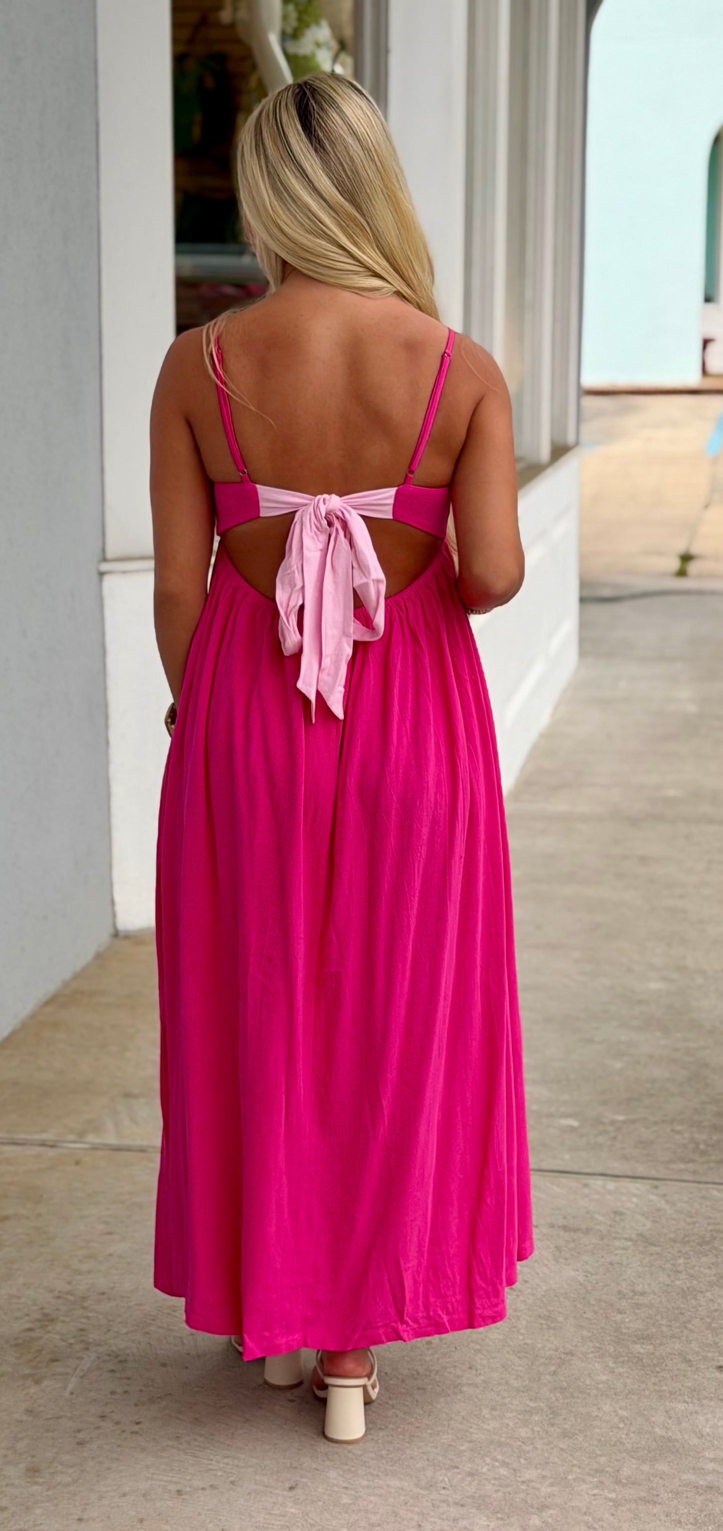 Open Back Tie Strap Detail Maxi Dress, Fuschia
