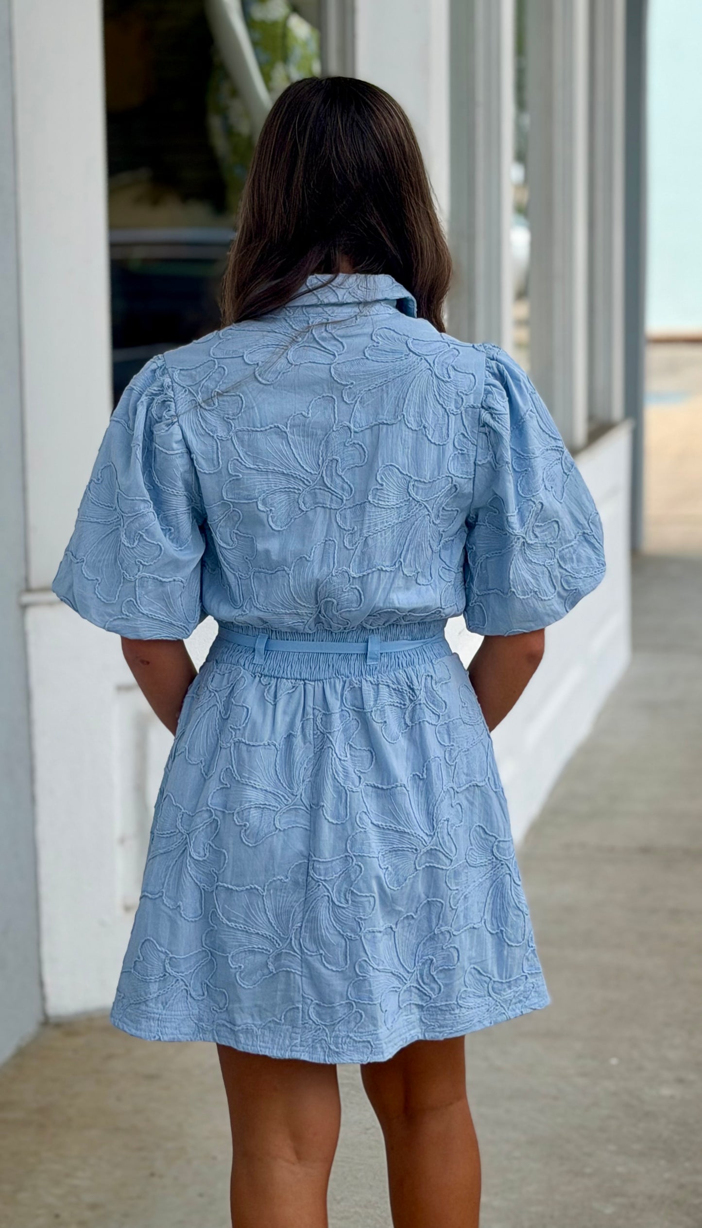Blue Floral Embroidery Cotton Dress