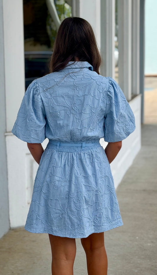 Blue Floral Embroidery Cotton Dress