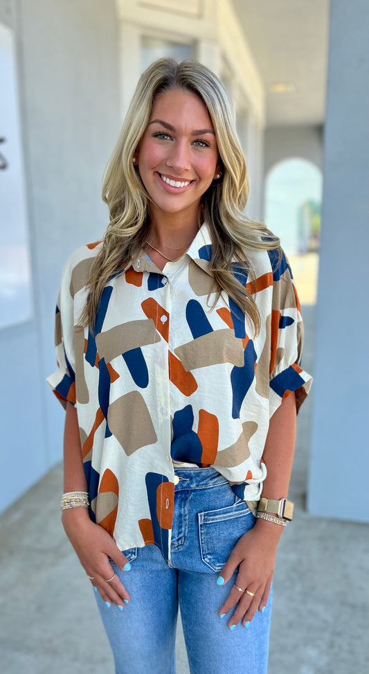 Cream/Rust/Navy Geometric Button Down Top