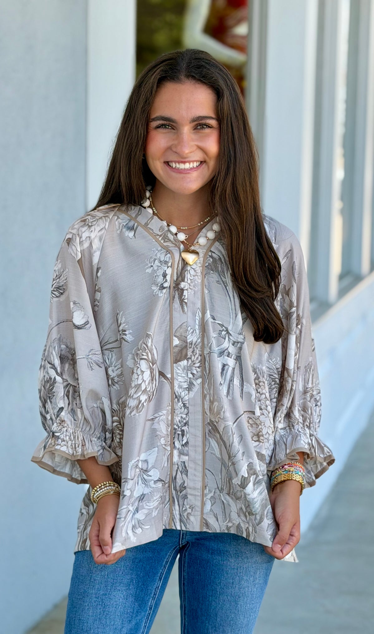 Taupe Floral Print Split Neck Blouse