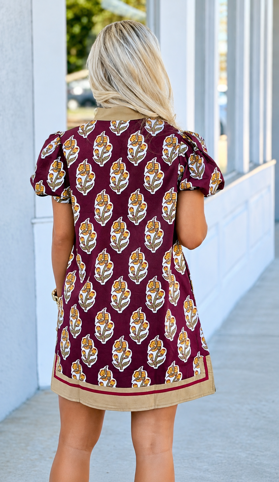 Burgundy Floral Border Print Puff Sleeve Mini Dress