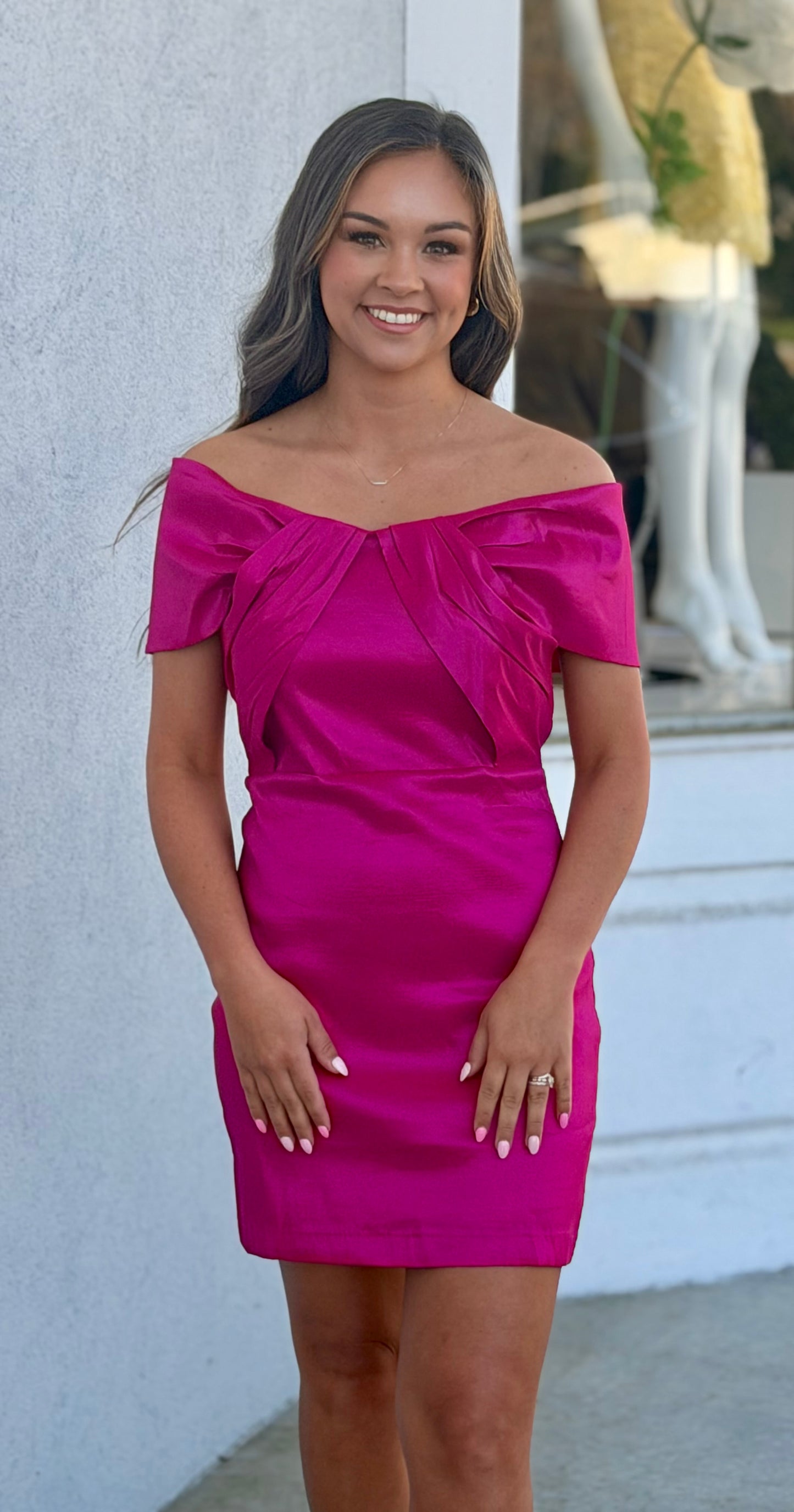 Off the Shoulder Magenta Fold Over Dress