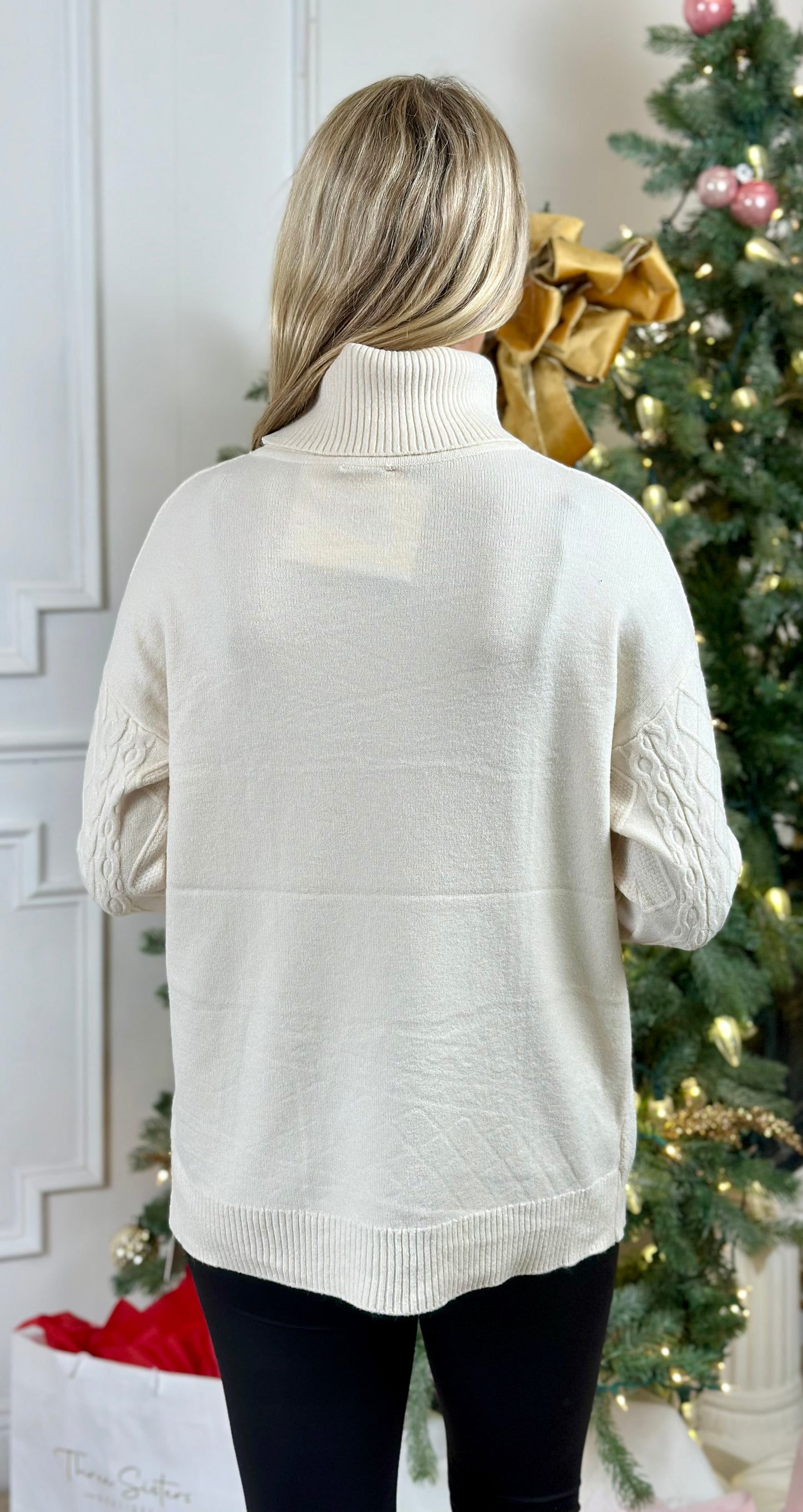 Cable Knit Split Hem Turtle Neck Sweater, Cream
