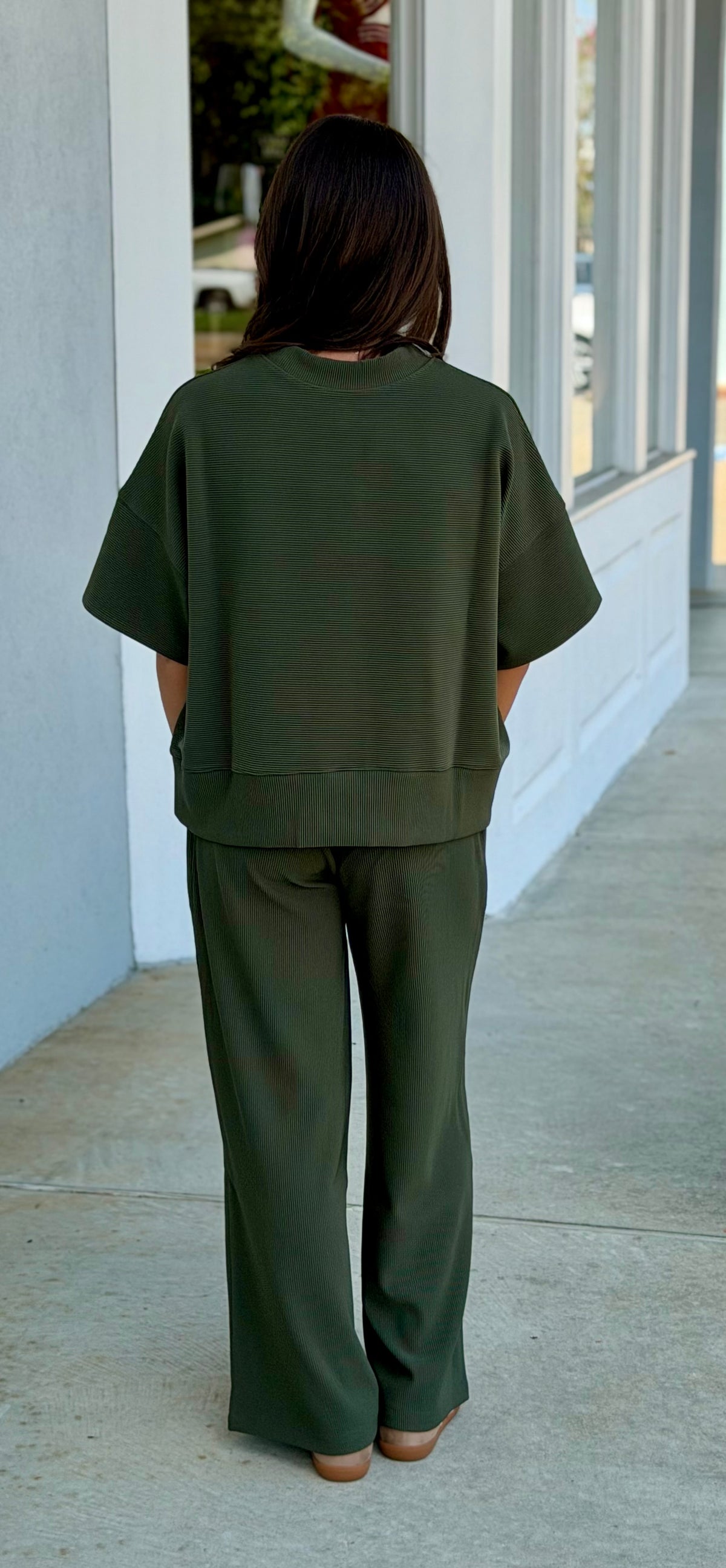 Ribbed Round Neck Tee and Pant SET, Dk Olive