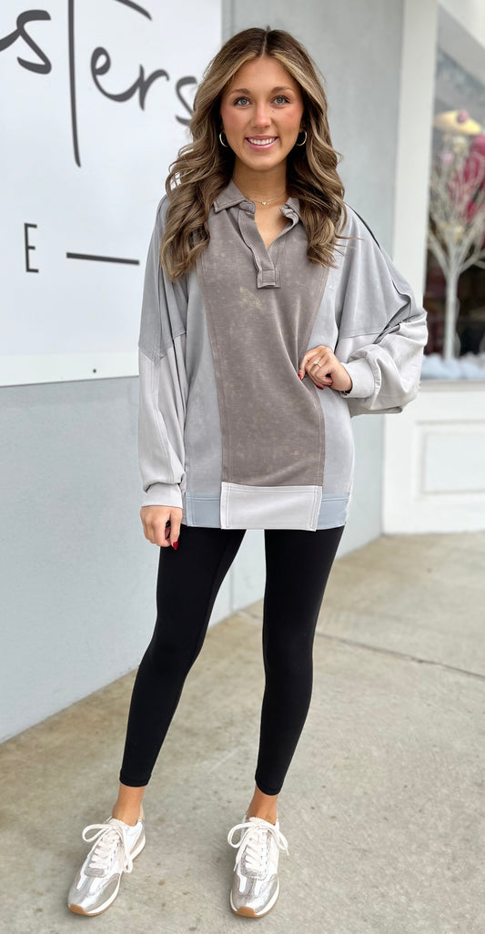 Grey Mineral Washed Color Block Oversized Top