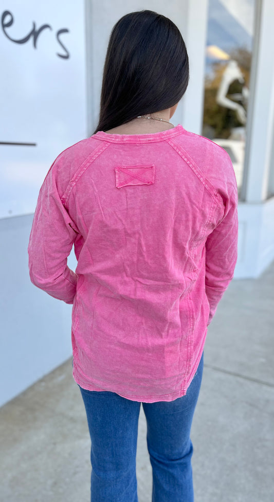 Washed Button Henley Top, Fuchsia