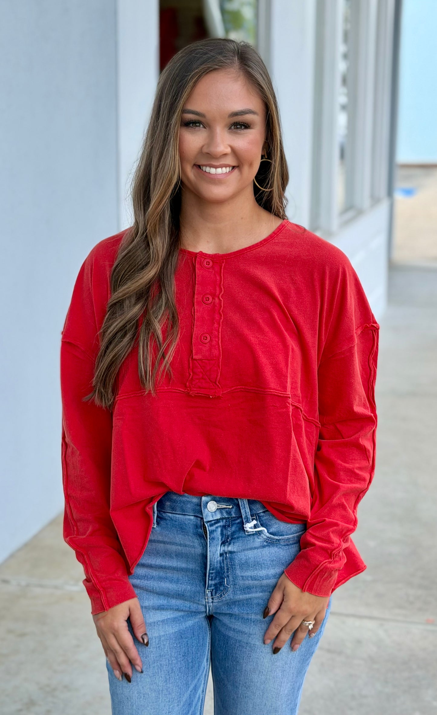 Knit Button Top, Red