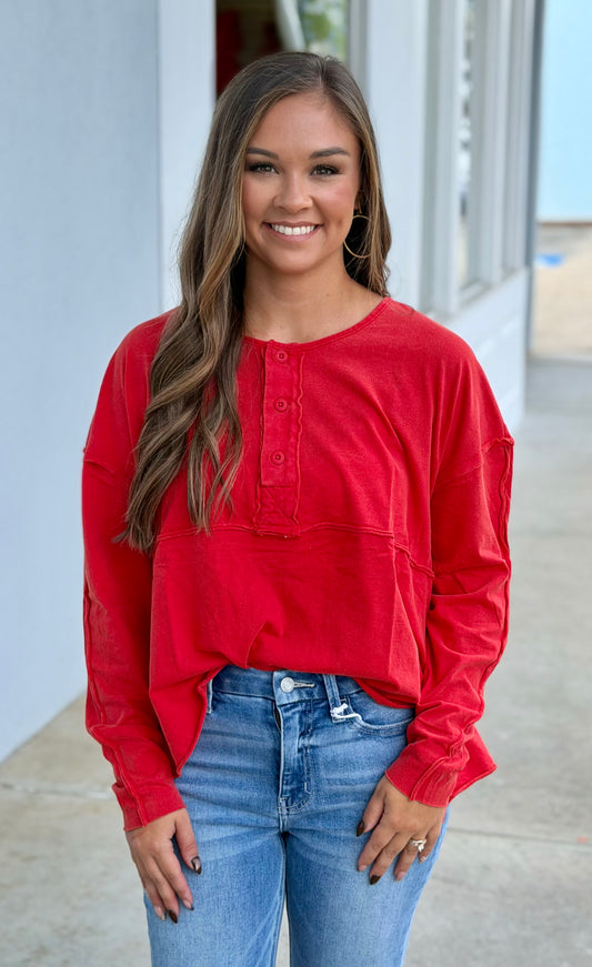 Knit Button Top, Red