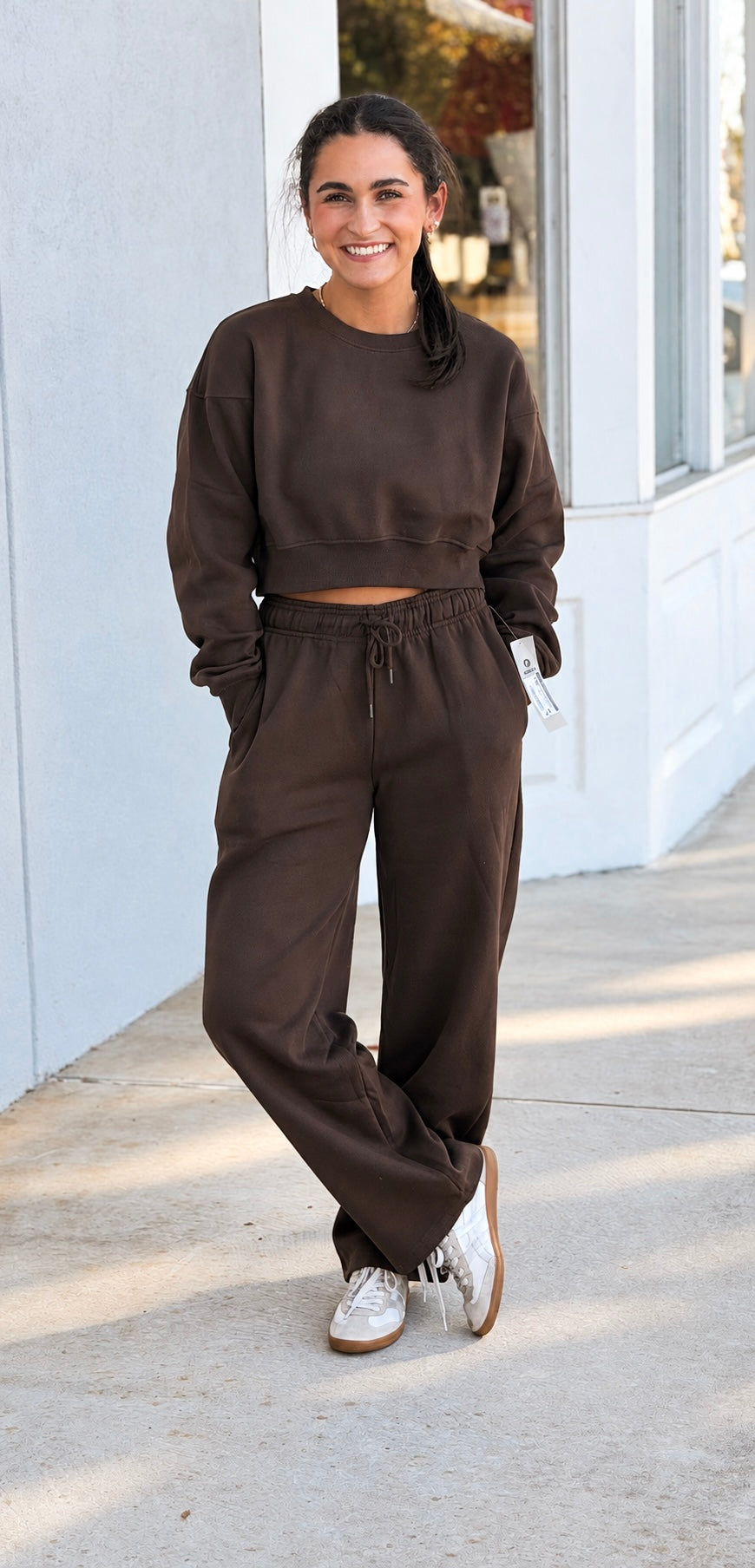 Cotton Fleece Cropped Sweatshirt, Coffee Bean