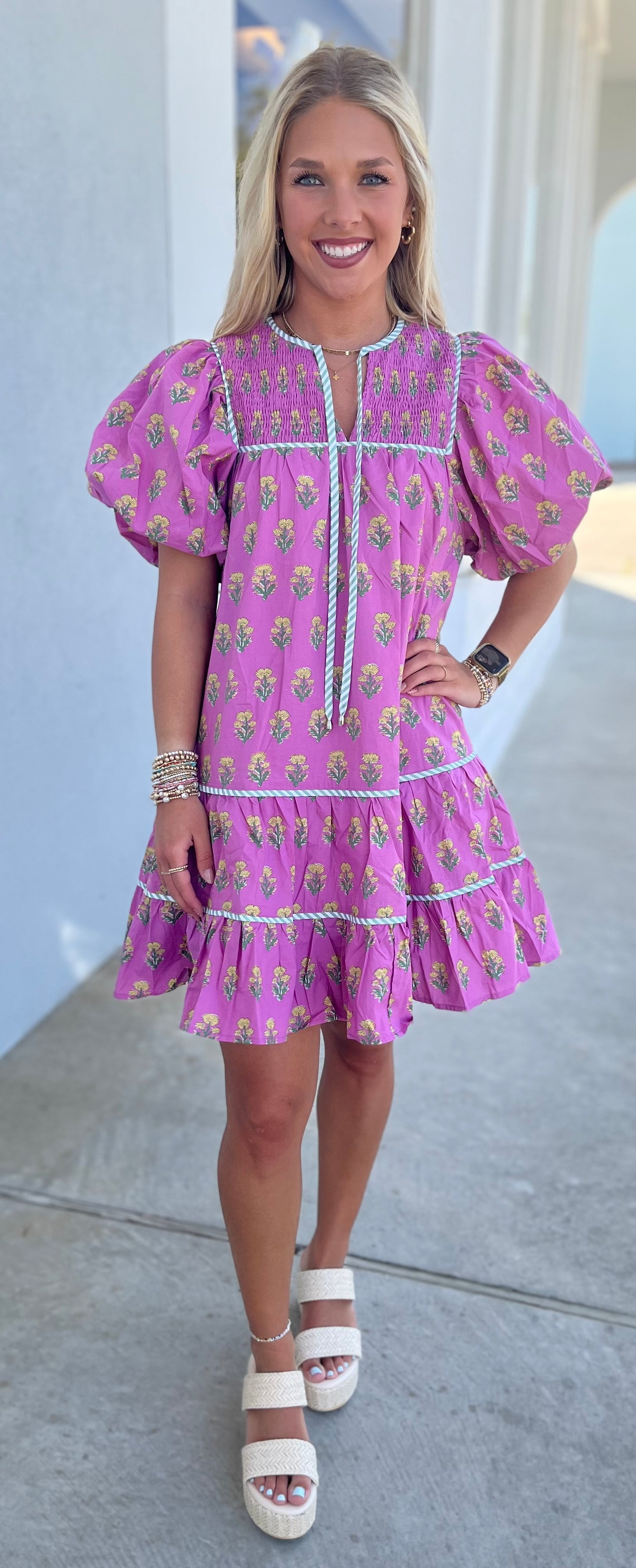 Pink Floral Puff Sleeve Dress