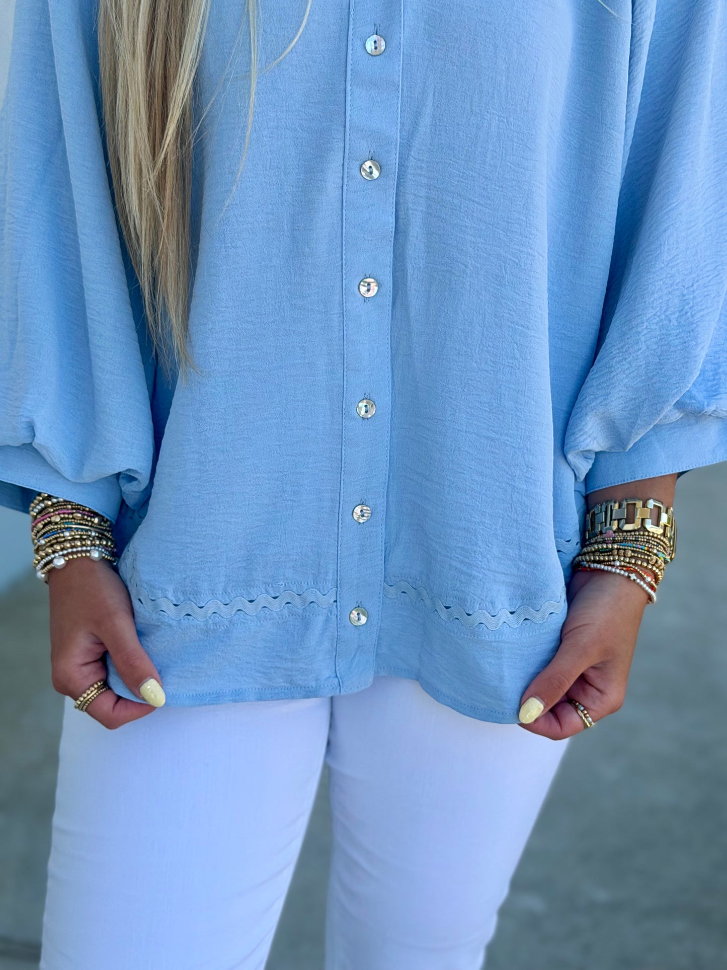 Sky Blue Balloon Sleeve Button Down Blouse