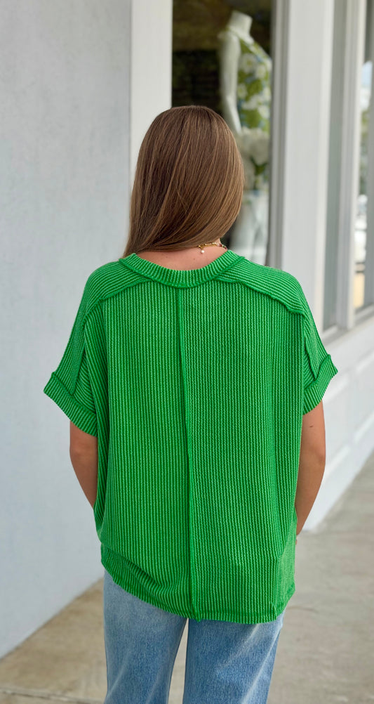 Raised Rib Cuff Sleeve Round Neck Tee, K Green