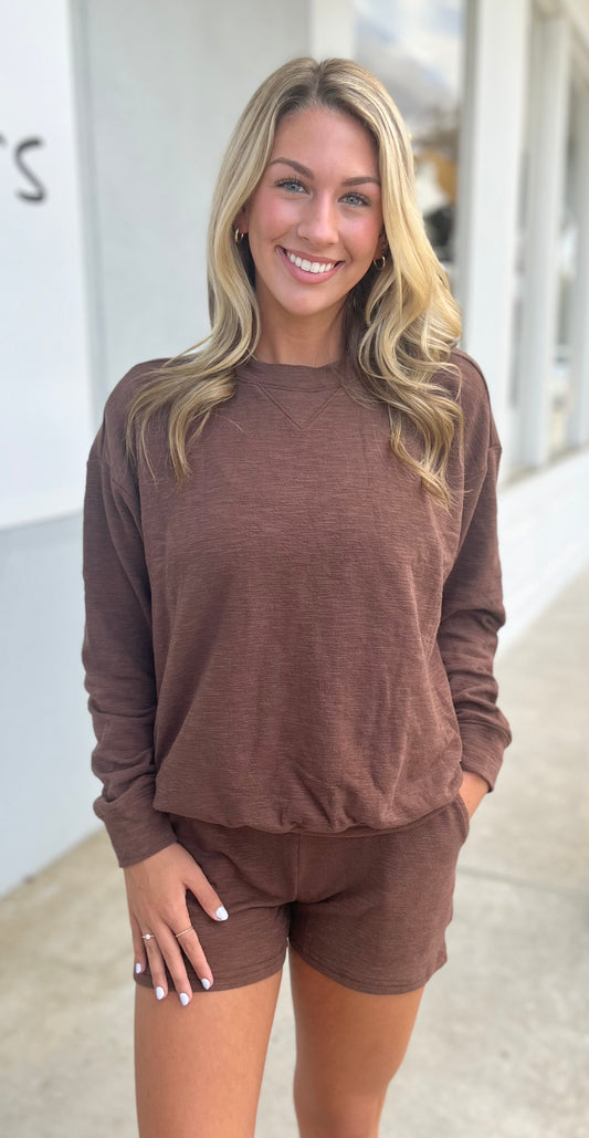 Slub Pullover & Shorts SET, Brown