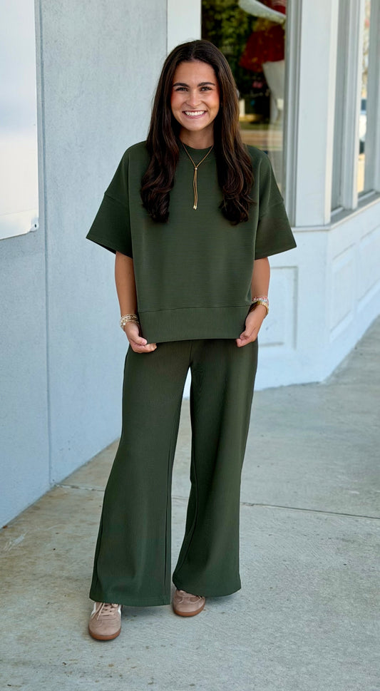 Ribbed Round Neck Tee and Pant SET, Dk Olive
