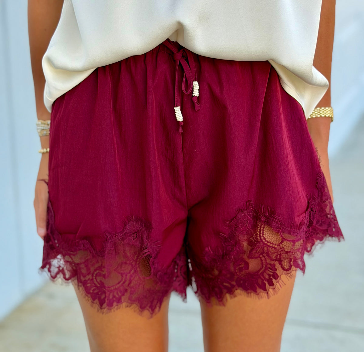Burgundy Mid Rise Lace Shorts