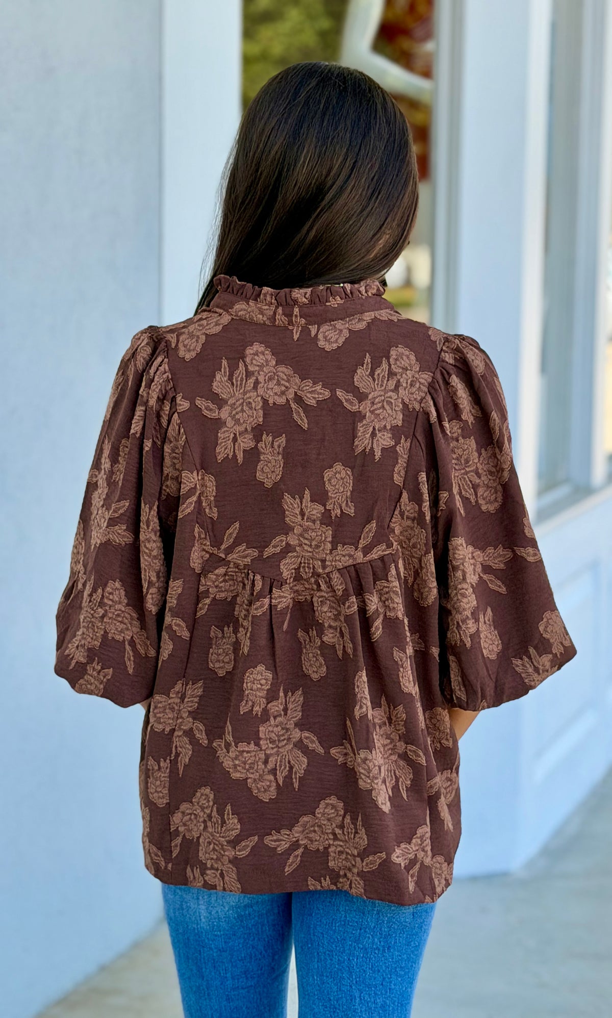 Floral Textured Scalloped V-Neck Babydoll Blouse, Cocoa