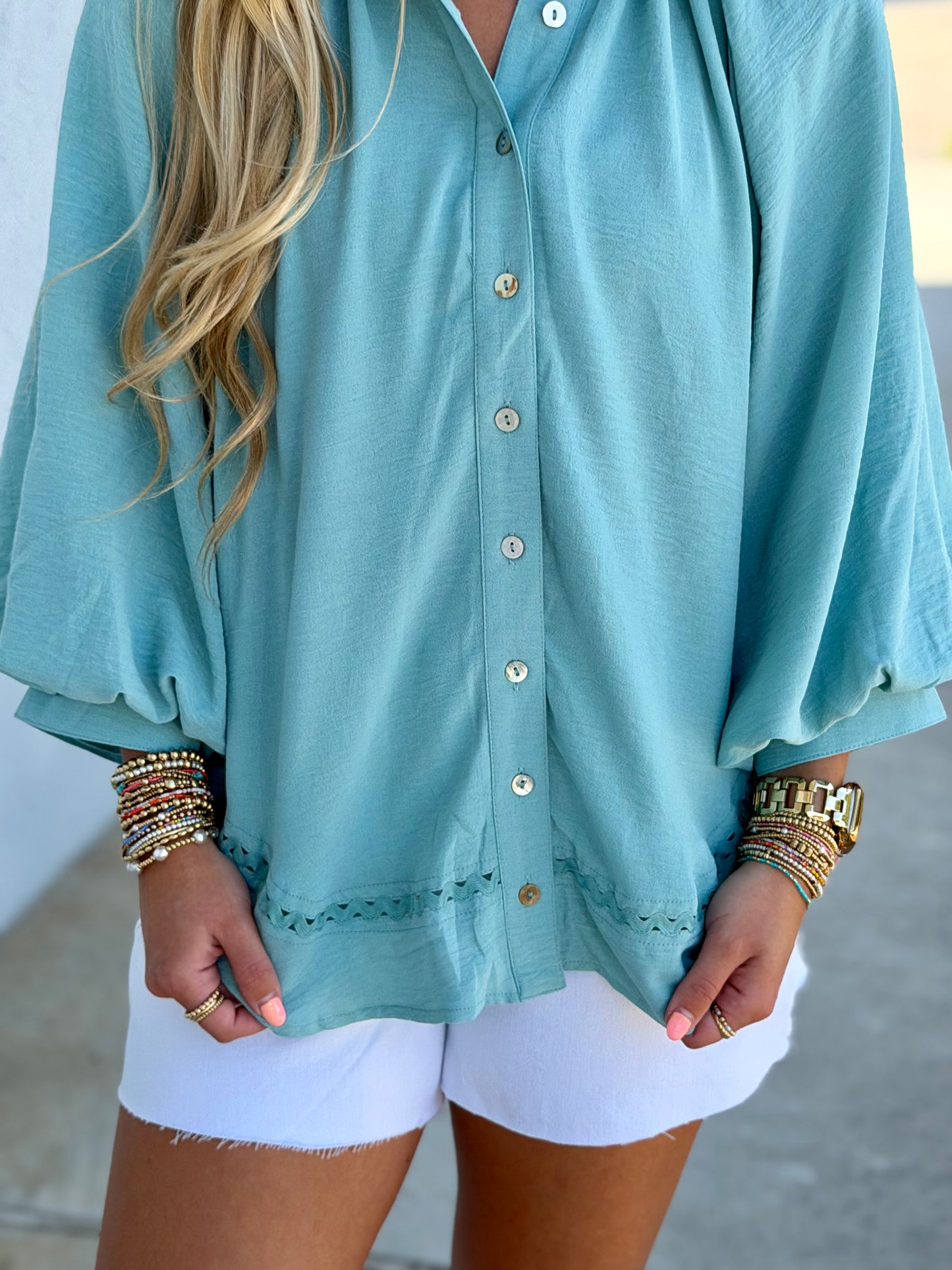 Mint Balloon Sleeve Button Down Blouse