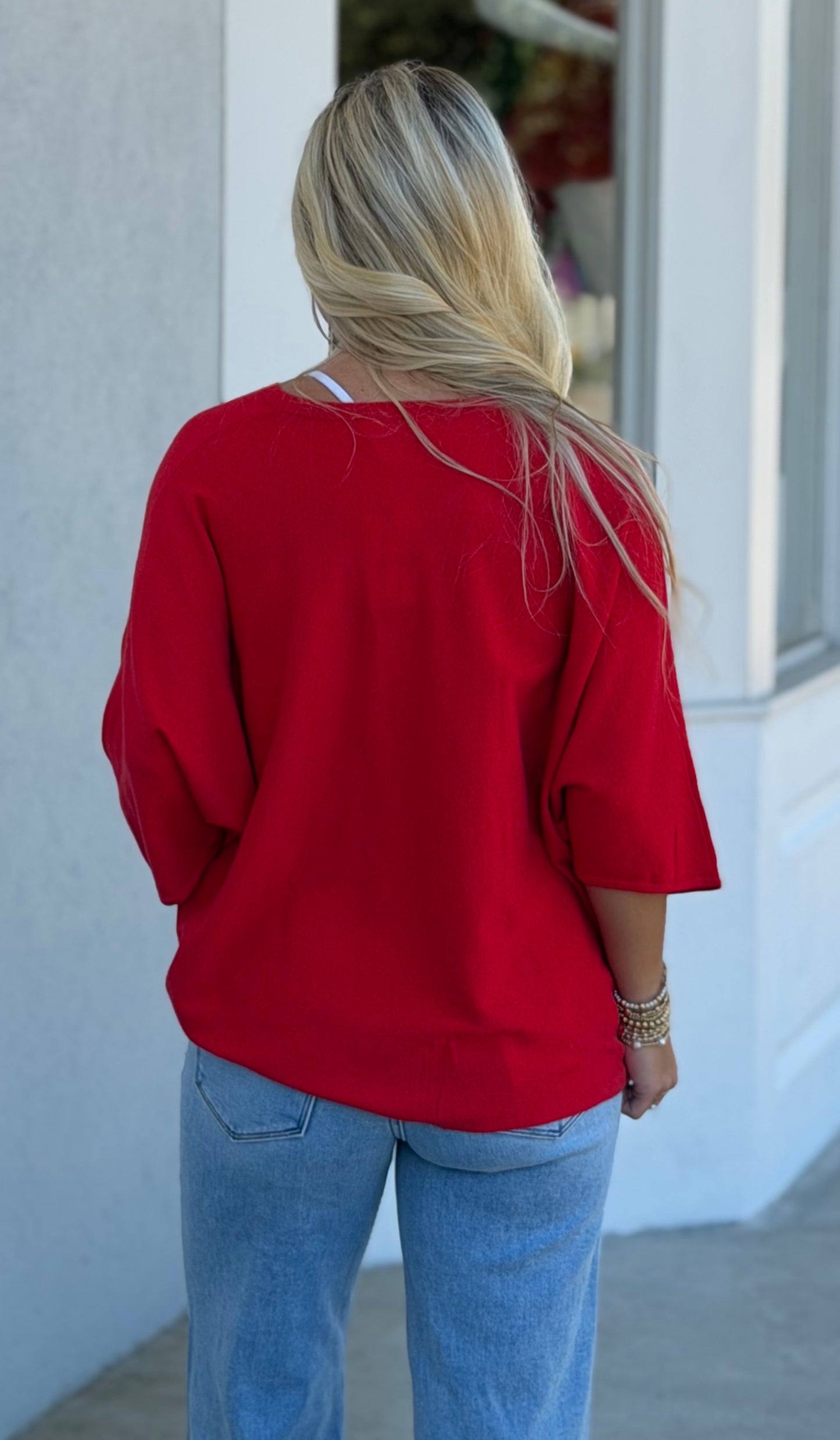 Lightweight V Neck Sweater Top, Red