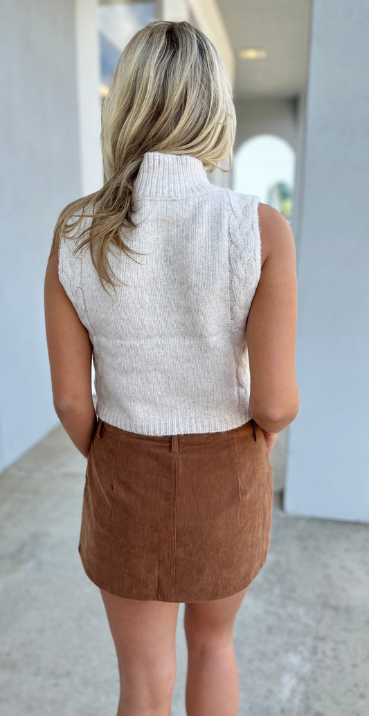 Oatmeal Mock Neck Cutout Crop Sweater Top