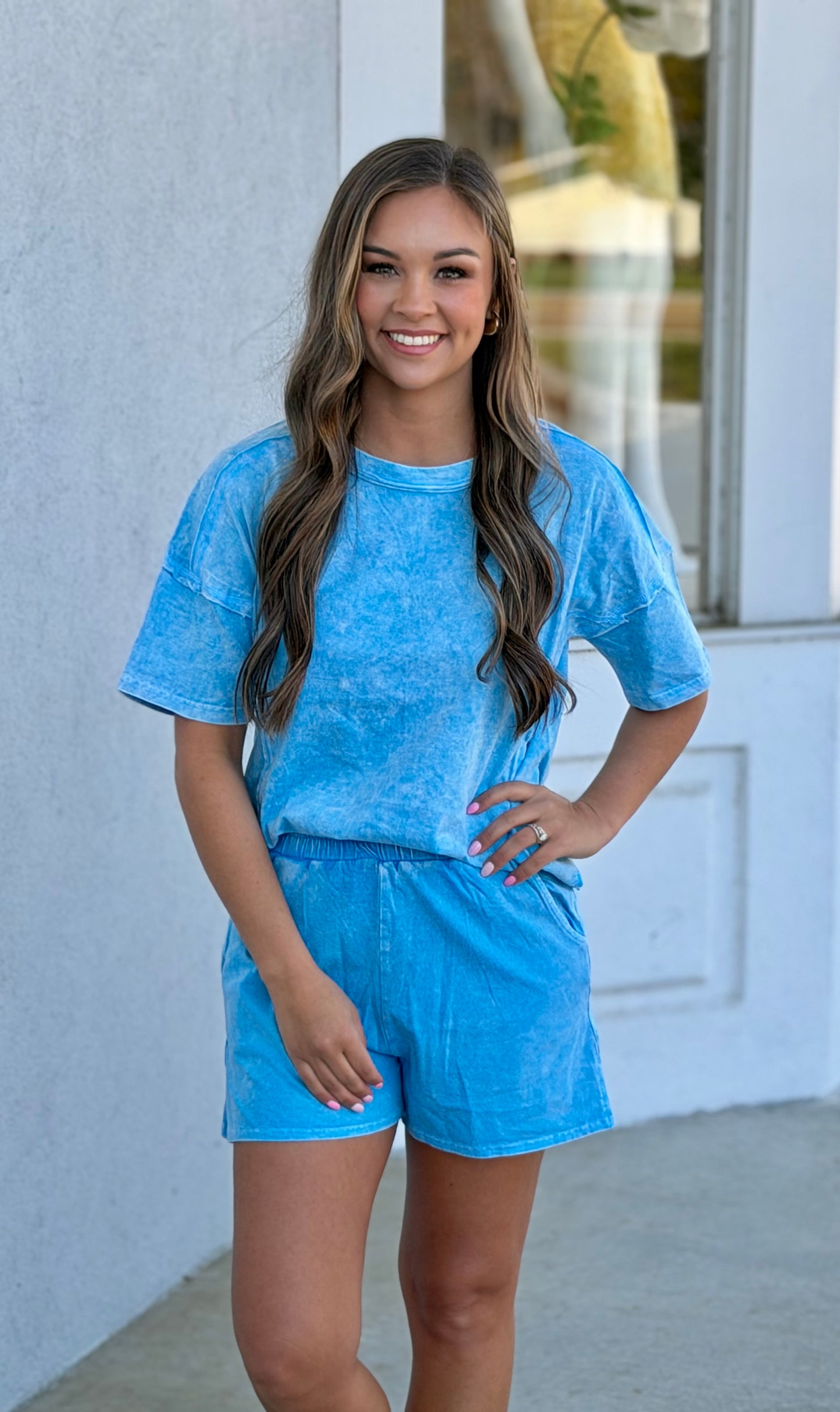Halo Snow Washed Top & Short SET, Sky Blue