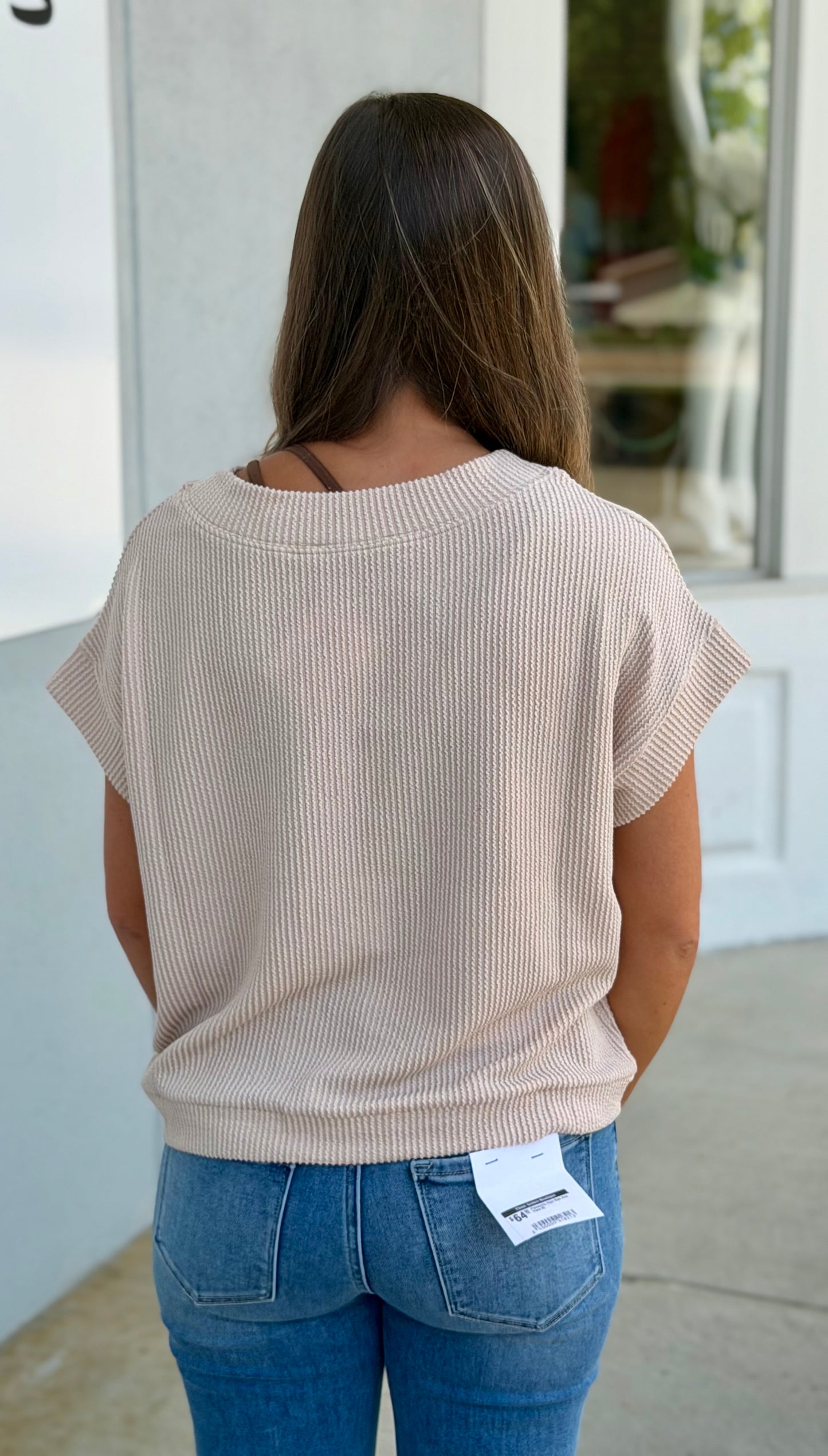 Raised Rib Cap Sleeve Top, Sand Beige