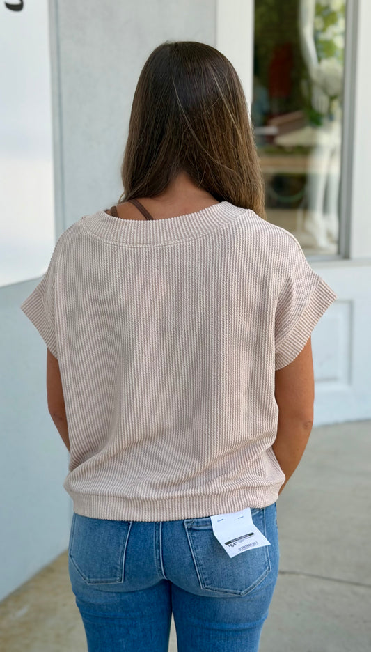 Raised Rib Cap Sleeve Top, Sand Beige