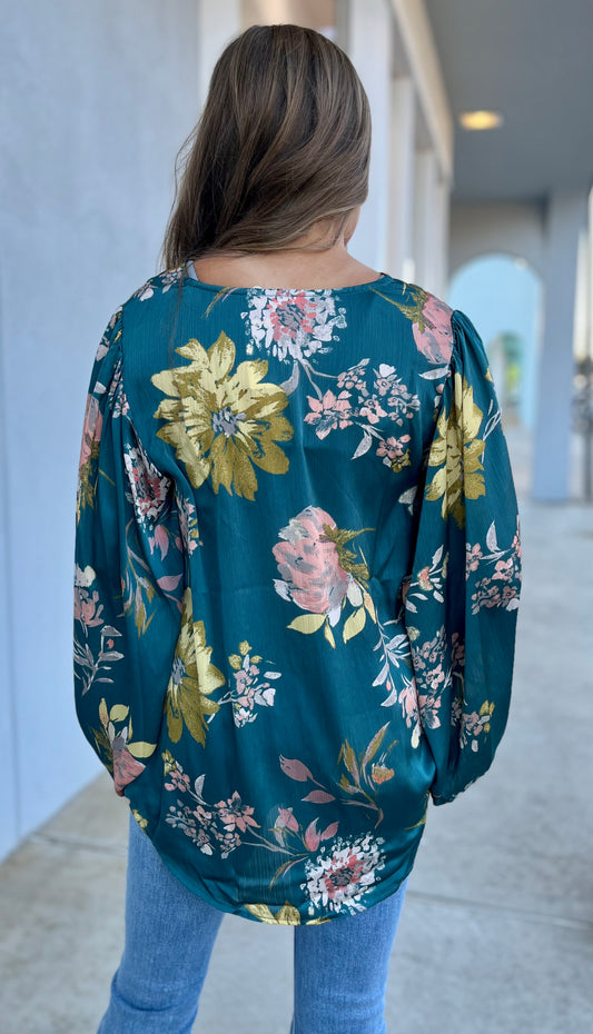 Teal Floral V Neck Blouse