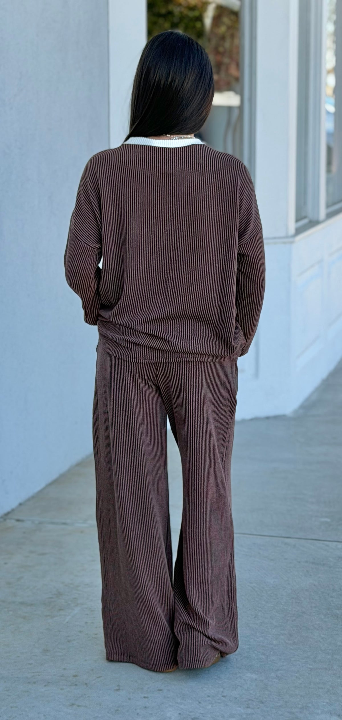 Raised Rib Round Neck Pullover & Pants SET, Chocolate